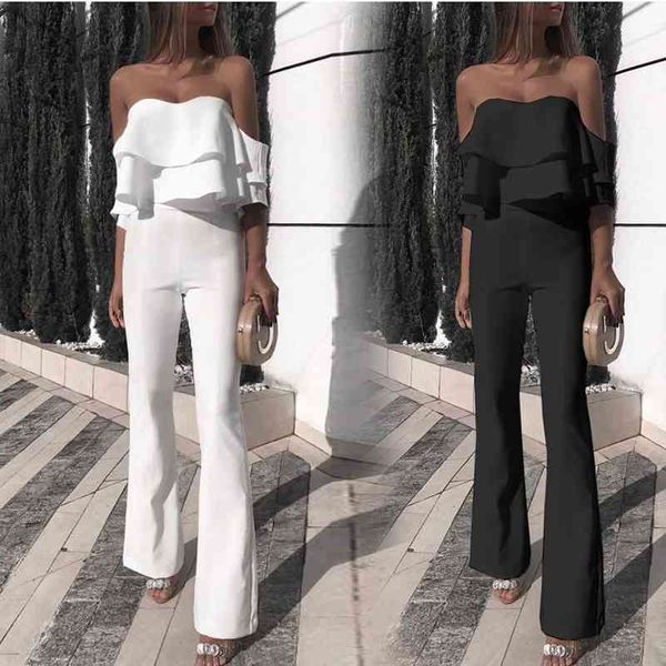 Jumpsuits para mulheres recém-chegadas White Wide perna macacão Elegante Ruffle Bodysuit para Prom Celebrity Noite Club 210422