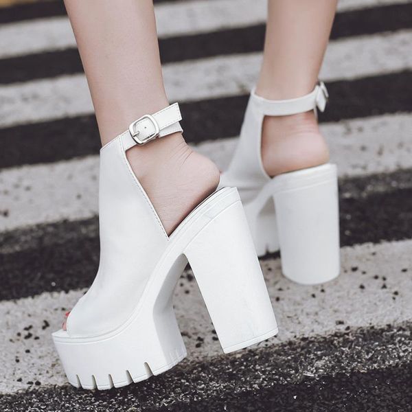 

dress shoes summer style fish mouth sandals women's thick heel high-heel platform slingback nightclub heels women, Black