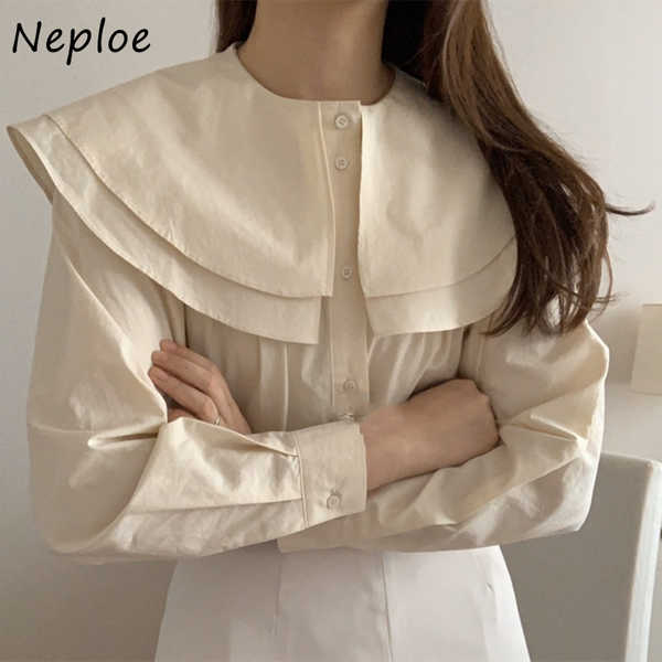 

neploe double peter pan collar chic pleated shirt solid color all-match single breasted women blouse long sleeve femme blusas, White