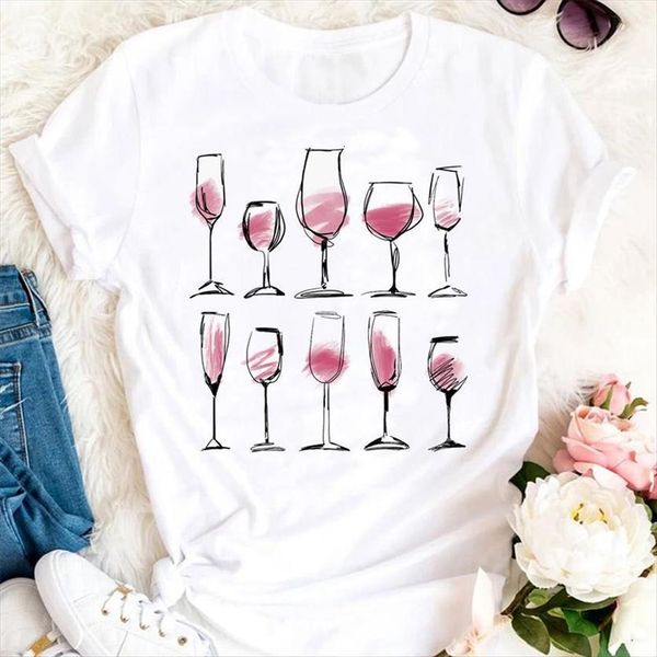 

summer wine cute watercolor womens t shirt 90s tshirts cartoon fashion short sleeve clothes graphic lady print female tee, White