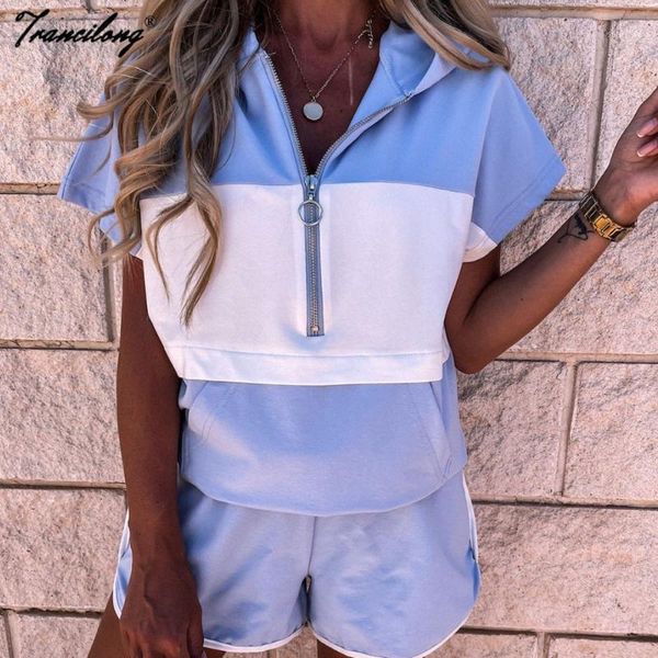 

women's tracksuits 2021 summer women spliced color loose hooded casual shorts set straight wholesale conjunto mujer loungewear 2 piece, Gray