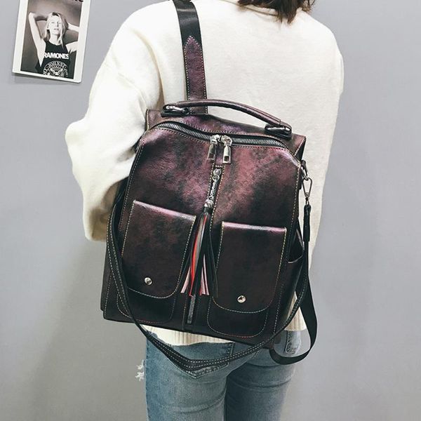 

outdoor bags vintage women backpack soft leather female backpacks for teenage girls fashion shoulder bag tassel school