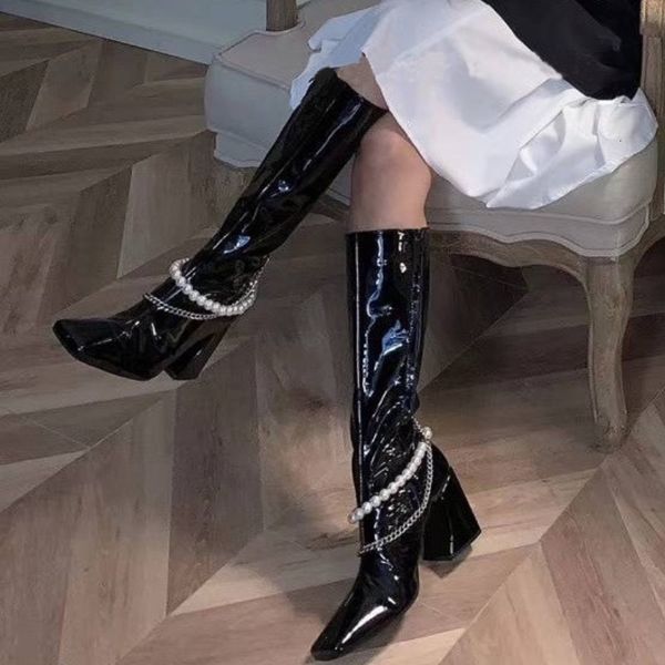 

dress shoes star style botas femininas para motociclismo, com corrente de pérolas, altas do joelho, outono e inverno, sapato salto alto em i, Black