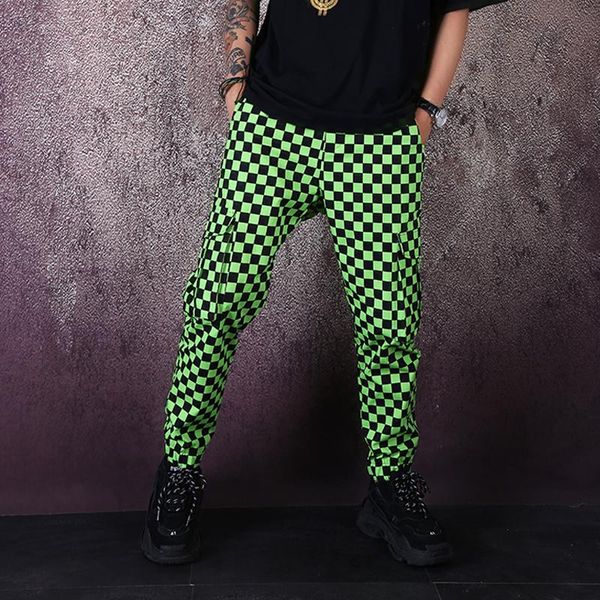

men's pants 2021 fashion green square casual tooling trousers elastic feet nightclub hairdresser tide, Black