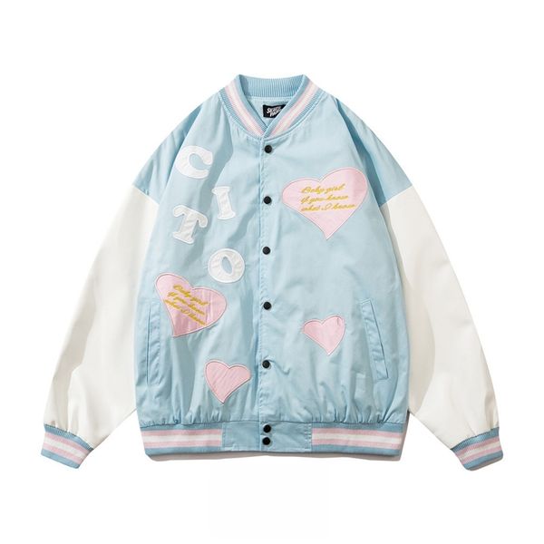 

love embroidery pu leather sleeve splicing baseball jacket men's bf lazy fashion brand loose couple jacket, Black