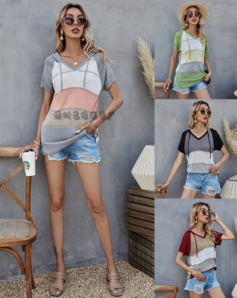 

women's t-shirt 2021 spring summer pullover short sleeve stripe hooded for women, White