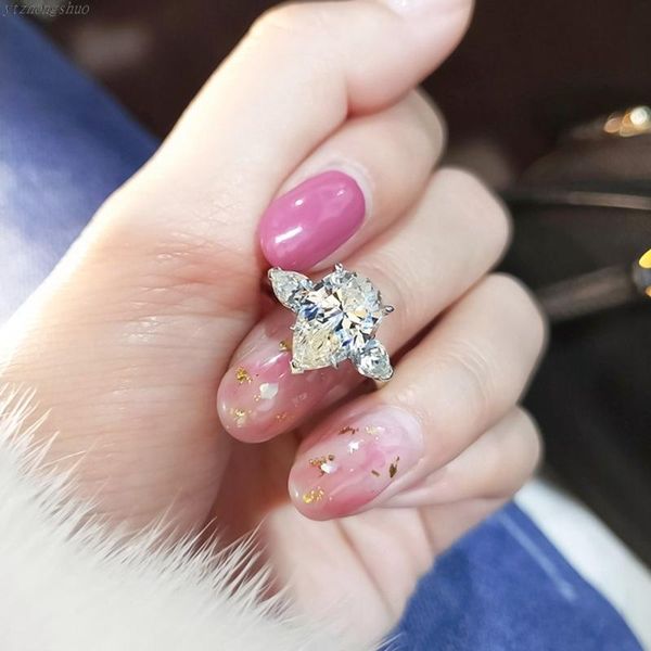 

wedding rings luxury silver color inlaid water droplets pear-shaped zircon crystal ring for women bride gift jewelry, Slivery;golden