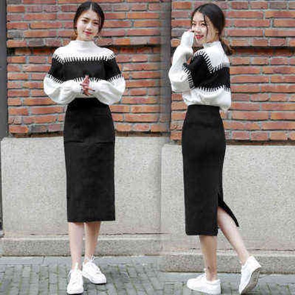 

luxury dress winter knitted temperament sweater and two-piece skirt godds suit chic autumn net red playful foreign style winter, Black;gray
