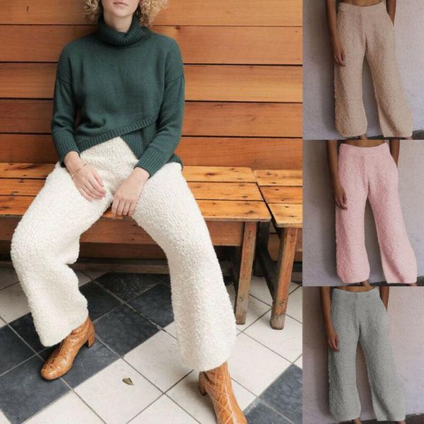 

women's pants & capris womens elastic high waisted fleece wide leg casual loose warm soft ladies homewear trousers female, Black;white