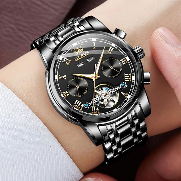 

wristwatches 2021 men hollow tourbillon watch automatic mechanical waterproof stainless steel business watches for, Slivery;brown