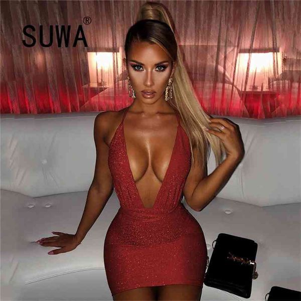 

wholesale pink deep v neck backless bodycon dress women spaghetti strap bandage night club mini sparkly summer 210525, Black;gray