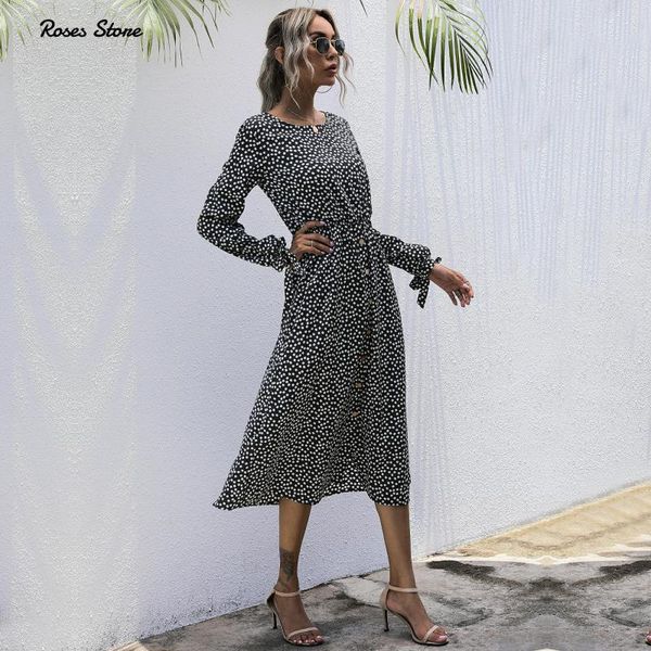 

casual dresses women's floral dress long sleeve botton front lace up clothes elastic waist female elegant autumn office school midi, Black;gray