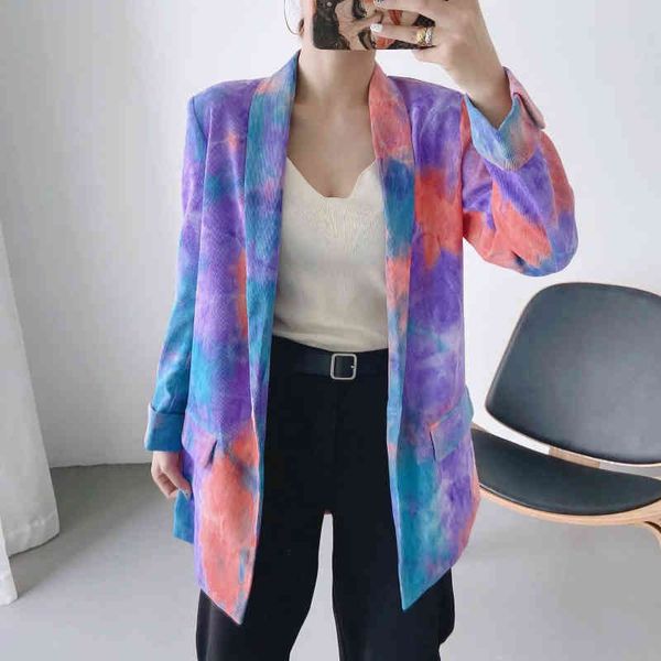 

wonder vintage women tie dye blazers elegant patchwork long blazer jacket casual female chic outwears 210510, White;black