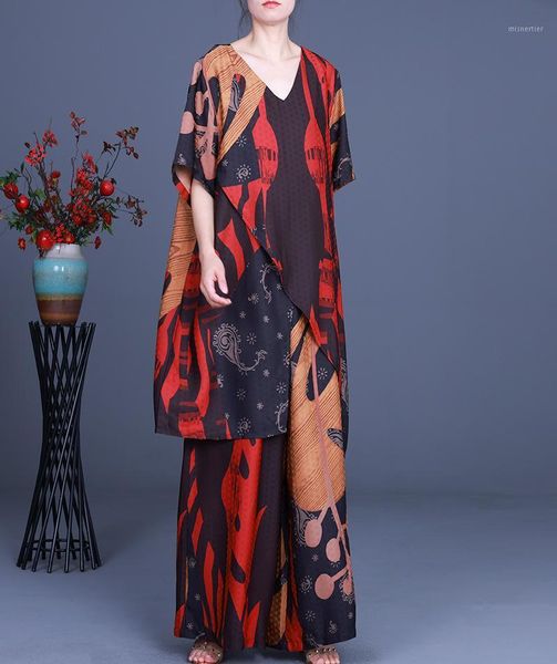 

women's two piece pants superaen 2021 summer plus size loose irregular printed +waist wide leg set, White