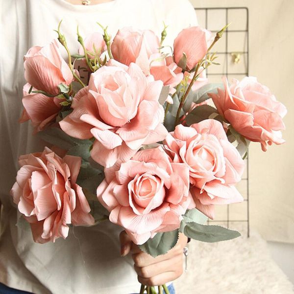 

artificial latex real touch floral pink royal rose silk flores garden decoration wedding bouquet party fake flowers 1 big head decorative &