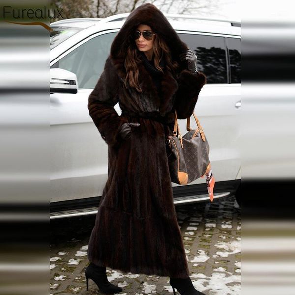 

women's fur & faux furealux style natural mink genuine long coat winter high-quality thick warm jacket elegant loose clothing, Black