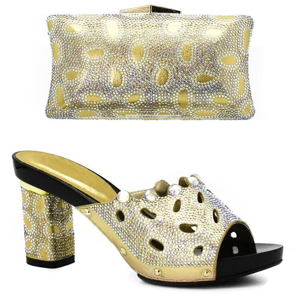 

gold color african shoes and matching bags italian nigerian set decorated with rhinestone dress, Black