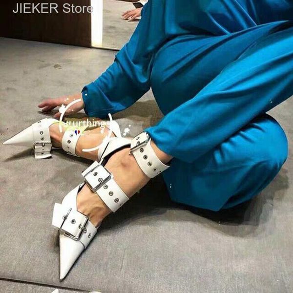 

dress shoes pu leather pointed toe gothic style thin high heel boot metal buckle stilettos 2021 summer fashion women ladies pumps sandals, Black