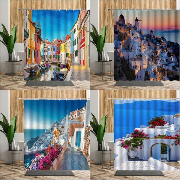 

scenery shower curtain greece seaside city blue house flower summer printed fabric bathroom curtains home bath decor wall