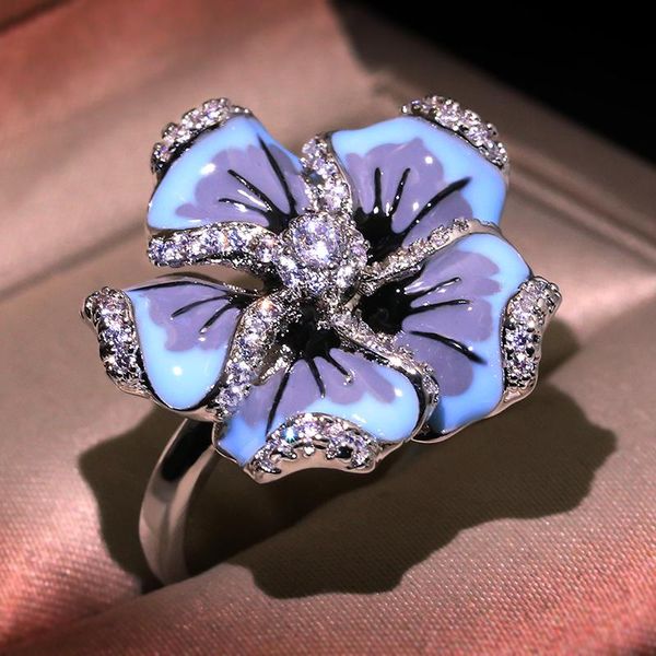 

wedding rings jewelry for woman gorgeous blue flower ring fashion trendy handmade enamel, Slivery;golden