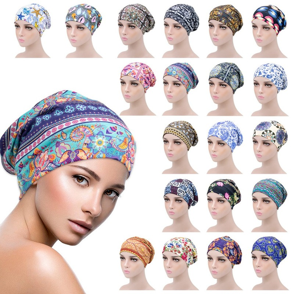 

female print cotton turban chemo hat muslim double sided satin beanie head scarf hijab femme mussulman turbans headbands, Blue;gray