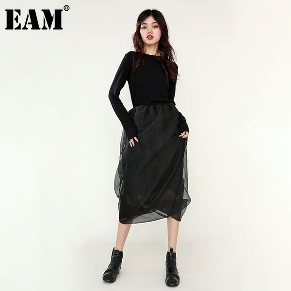 

[eam] women mesh wrinkled knitting black dress round neck long sleeve loose fit fashion spring autumn 1dd368901 210512, Black;gray