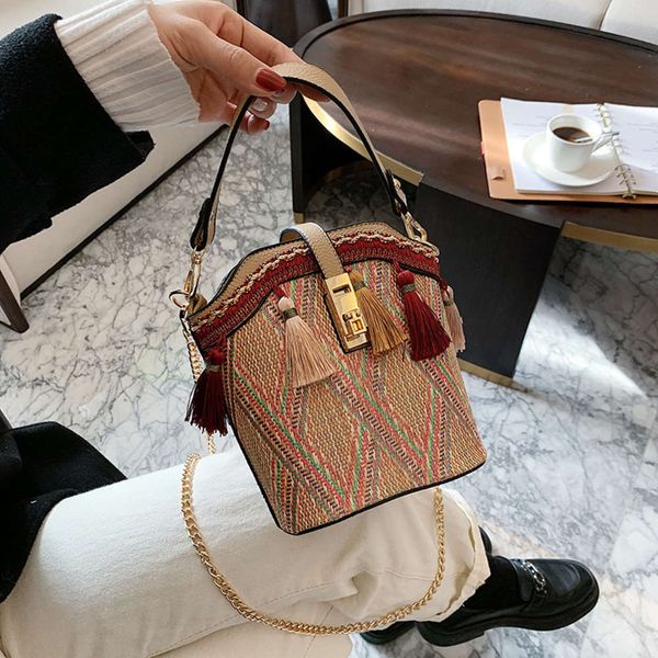 

spring women's bag single shoulder slant span ethnic style woven simple frh bucket