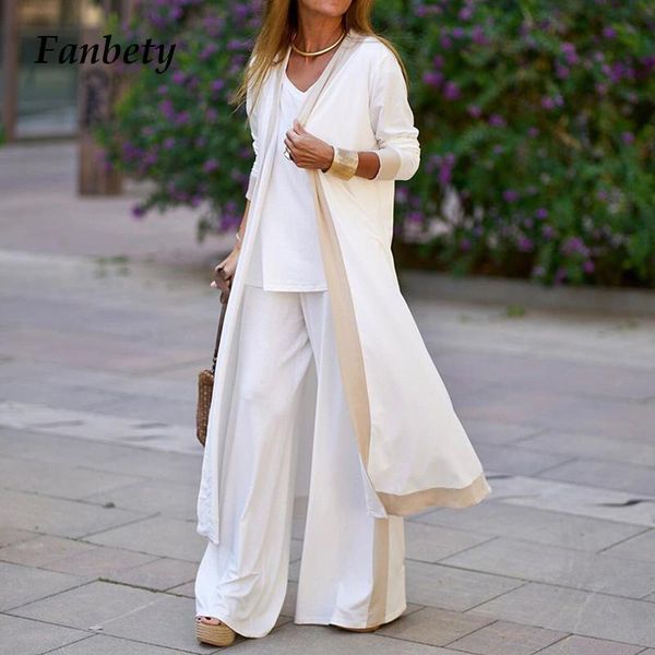 

women's two piece pants autumn long cardigan + sling wide leg suits women elegant 2021 summer three-piece sets casual lady loose outfi, White
