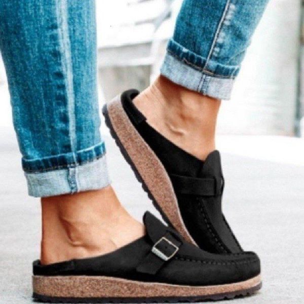 

luxury slippers large slippers summer 2021 baotou slope heel grey buckle women's sho size 43, Black