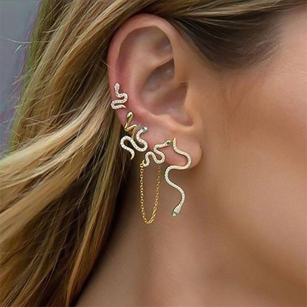 

modyle five-piece stud earrings snake shape zircon gold color fashion jewelry, Golden;silver