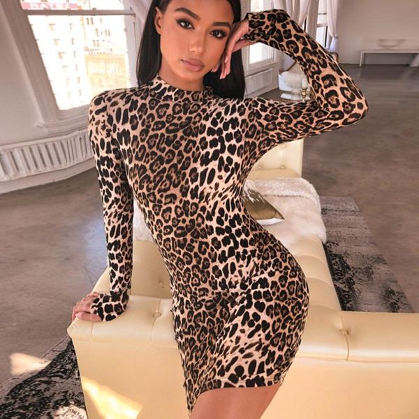 

women slim leopard print dress fashion long sleeve o-neck mini bodycon party skinny clubwear casual dresses, Black;gray