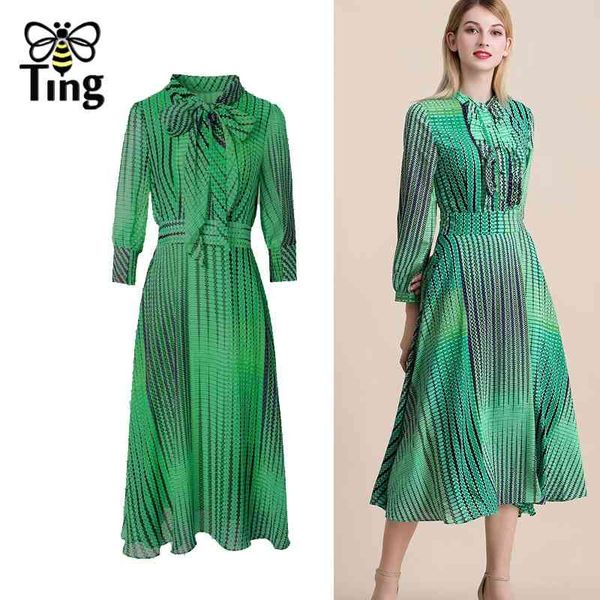 

vintage elegant summer a line midi long dresses office lady work striped print chiffon bowknot vestidos haut 210513, Black;gray