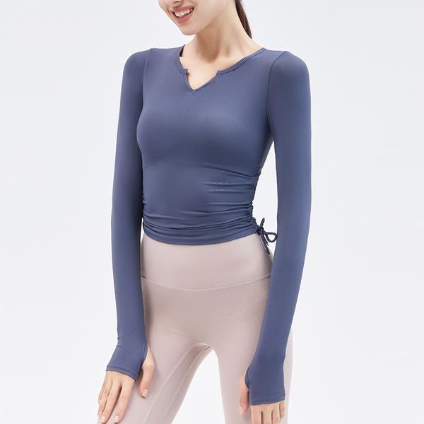 

yoga outfit djustable drawstring fit exercise t-shirt for women fitness long sleeve crop gym sport workout shirt running clothing