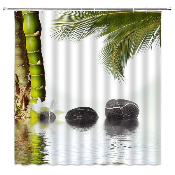 

plant landscape shower curtains spa style green bamboo volcanic stone white flower leaf water surface scenery bathroom decor