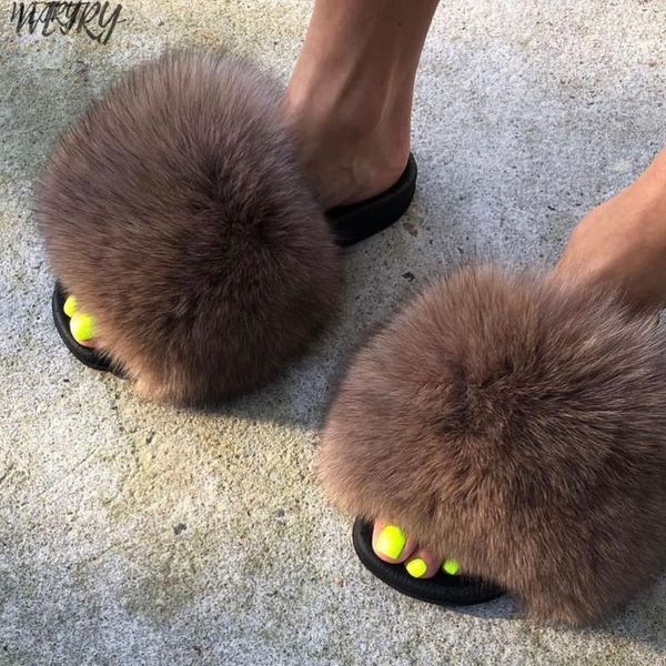 

slippers in 2021 fur women real slides home furry flat sandals female cute fluffy house shoes woman, Black