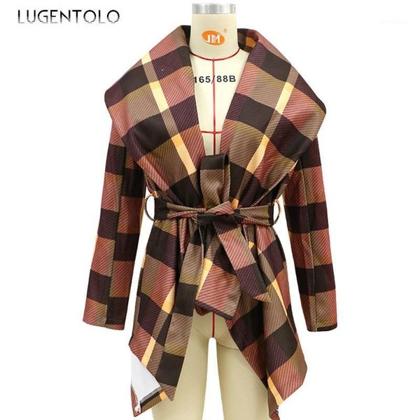 

women's wool & blends women elegant slim coat long sleeve plaid geometry v-neck lace-up female fashion coats autumn lugentolo, Black