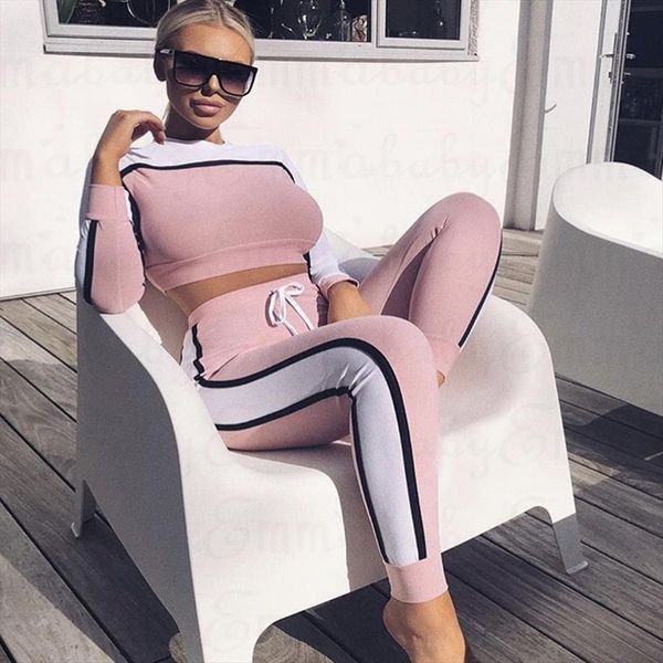 

casual tracksuit tights sportswear fitness womenpant suit clothing workout two piece jumpsuit long sleeve crop top, White