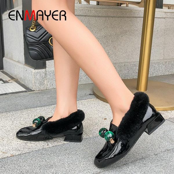 

dress shoes enmayer 2021 winter high heel basic round toe patent leather slip-on womens square fur luxury women pumps, Black