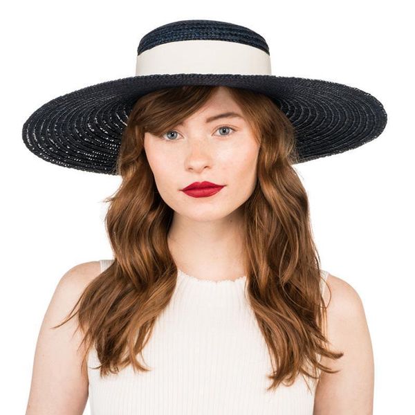 

wide brim hats king wheat black custom gauze big stage show falt women's sun travel beach with white ribbon straw hat, Blue;gray