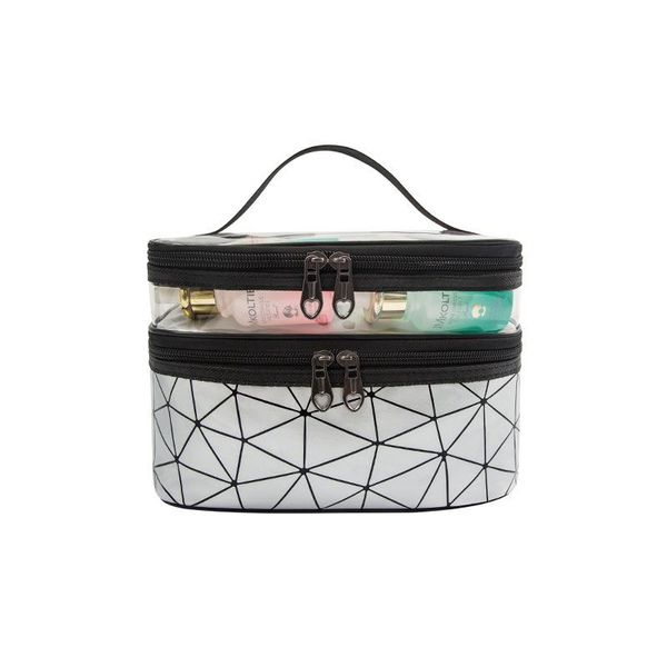 

storage bags fashion women see through diamond lattice double layer travel cosmetic makeup toiletry case pouch wash box