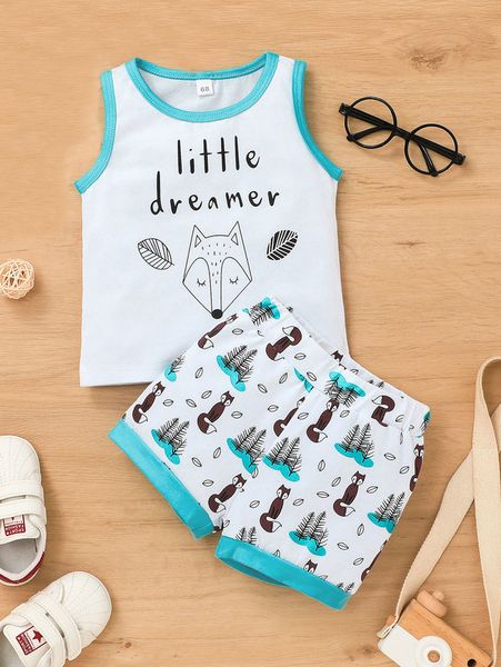 

baby cartoon & letter graphic tank & shorts she, White
