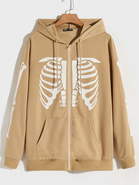 

romwe guys skeleton print drawstring hoodie d0ma#, Black