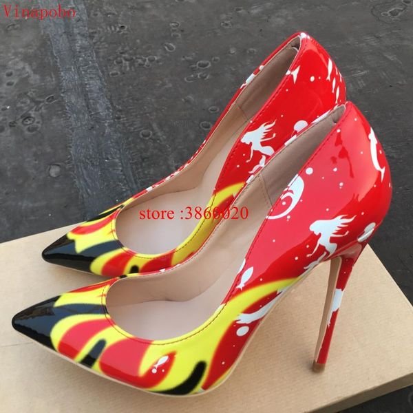 

dress shoes 2021 women stiletto high heels pumps red flame printed patent leather pointed toe ladies party woman wedding, Black