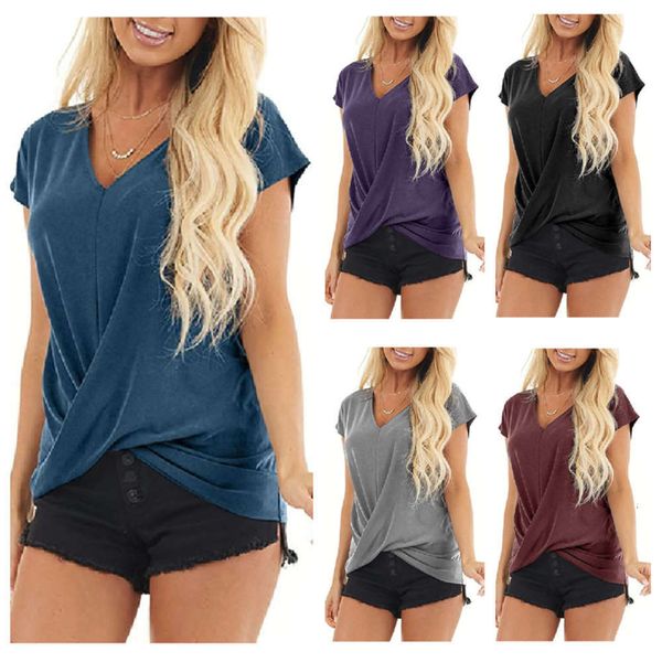 

women's t-shirt 2021 v-neck solid color kink casual short sleeve loose 7dlx, White