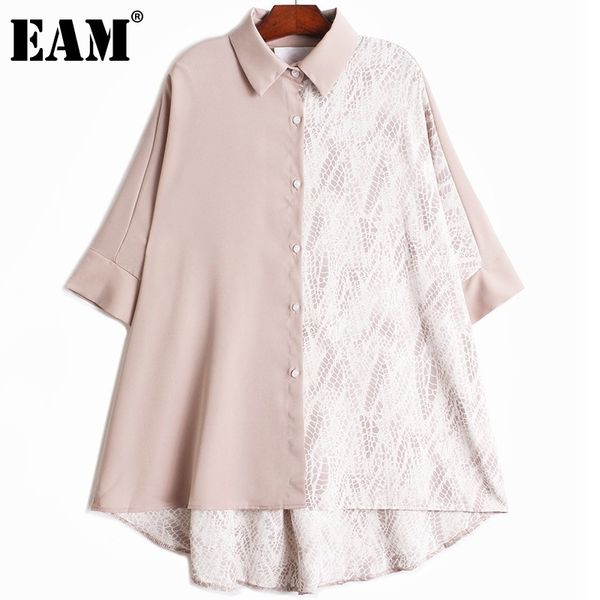 

[eam] women blue casual printed big size back long blouse lapel half sleeve loose shirt fashion spring summer 1dd8597 210512, White