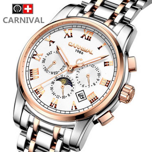 

carnival moon phase automatic mechanical gentlemen watches china luxury famous brand full steel illuminating waterproof military watch, Slivery;brown