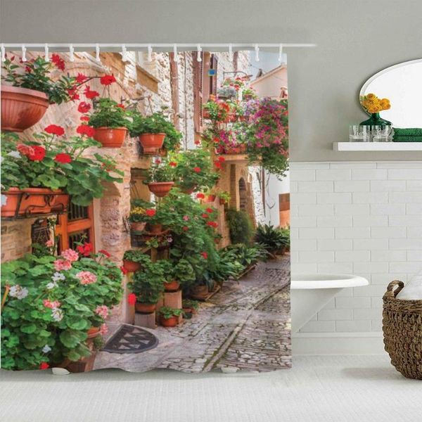 

shower curtains polyester fabric curtain italian street small renaissance town with floral porches and rock mediterranean 12 hooks