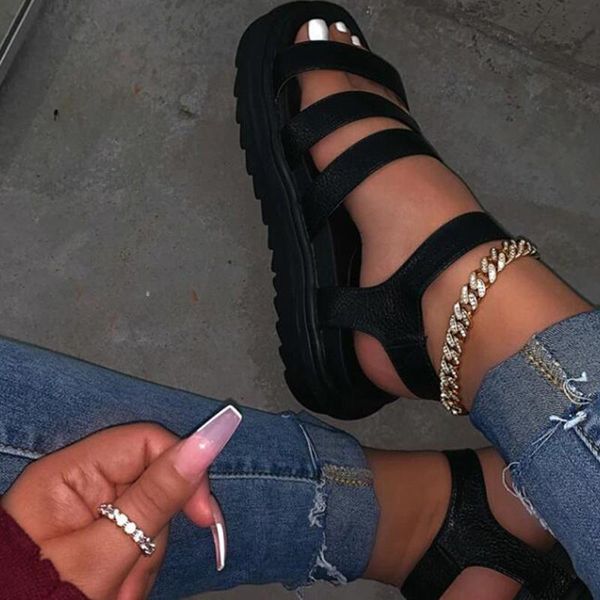 

sandals women plus size platform summer womans metal buckle leather thick bottom non-slip beach slippers #g3, Black