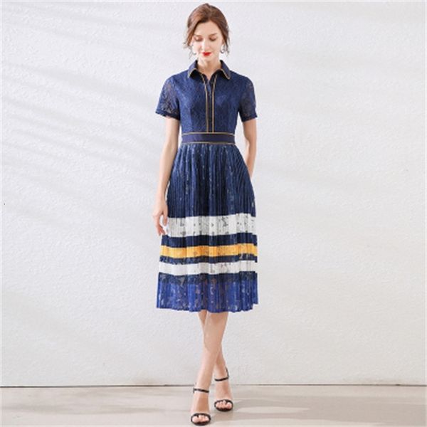 

casual dresses runway designer summer women fashion party elegant chic stripe panelled lace midi pleated g6m2, Black;gray