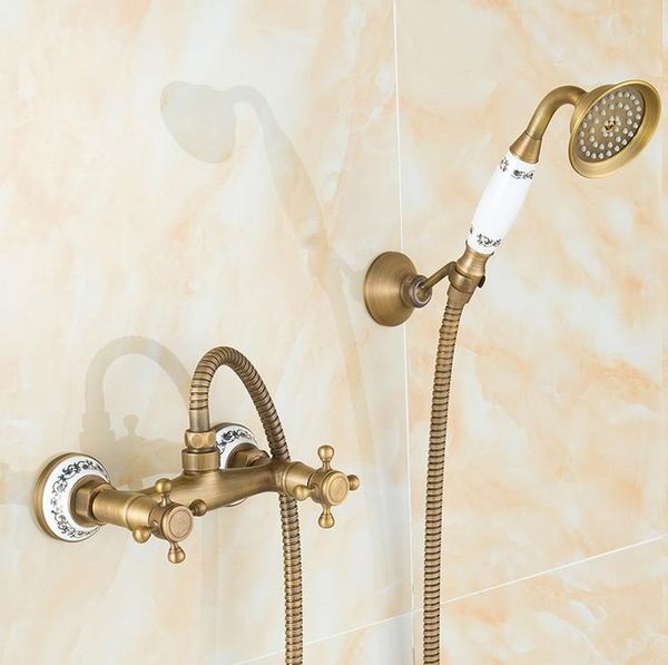 

retail antique brass design bathroom shower faucet set / wall mounted luxury ceramics series /dual handle mixer tap sets